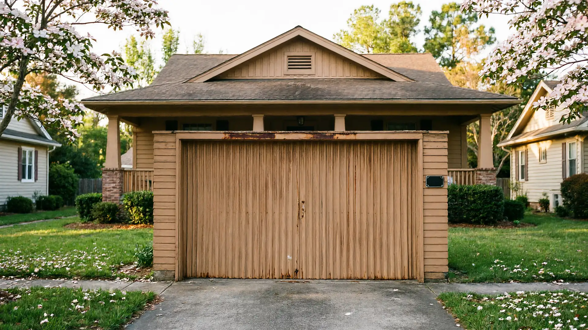 The brown garage door is closed on a house with a green lawn.