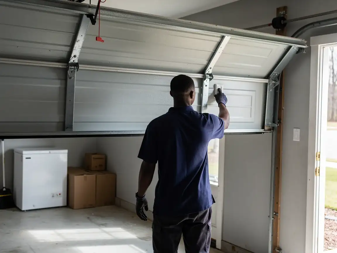 A technician in gloves is working on the inside of a garage door.