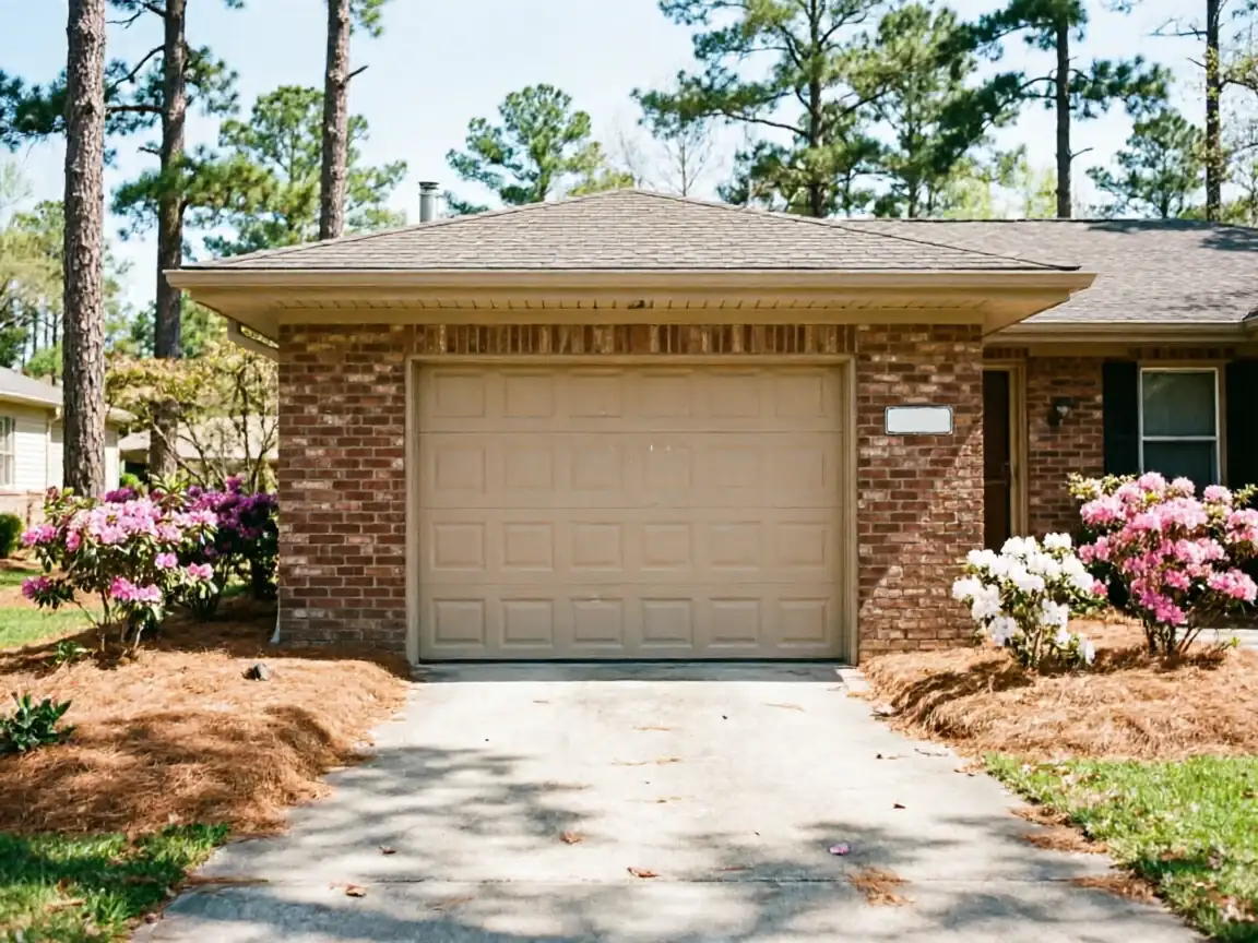 A tan garage door is on a brick house with a driveway and landscaping.