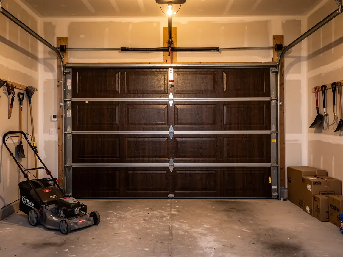 A dark brown garage door is closed in a garage with tools and boxes.