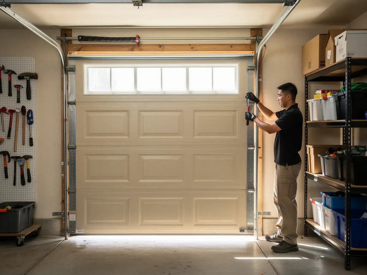 A technician in black gloves adjusts a beige garage door with windows.