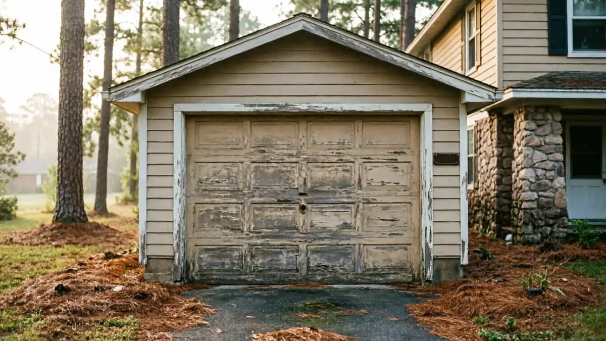 The garage door is old and peeling, with a house and trees in the background.