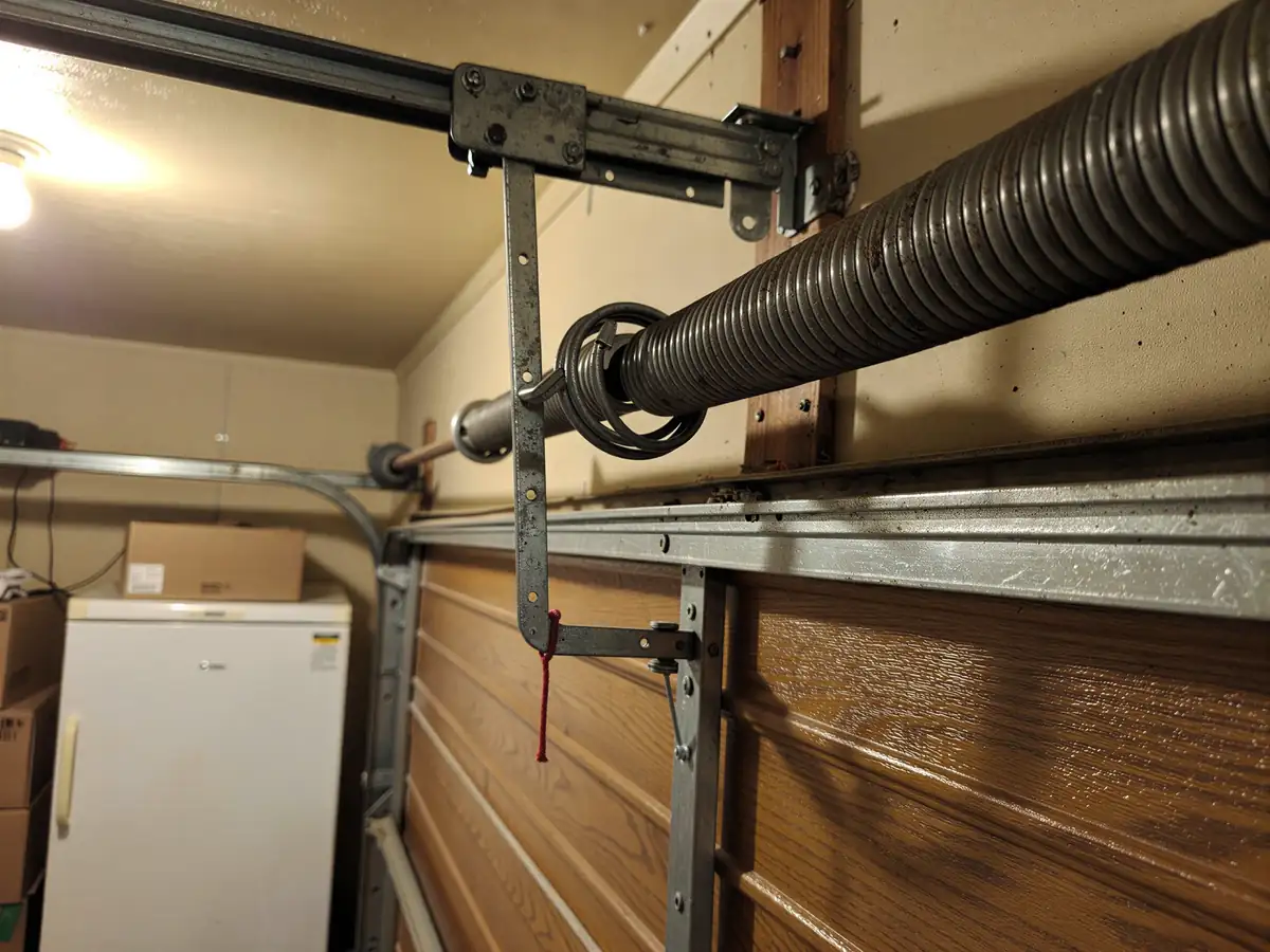 The torsion spring is mounted above a wooden garage door.