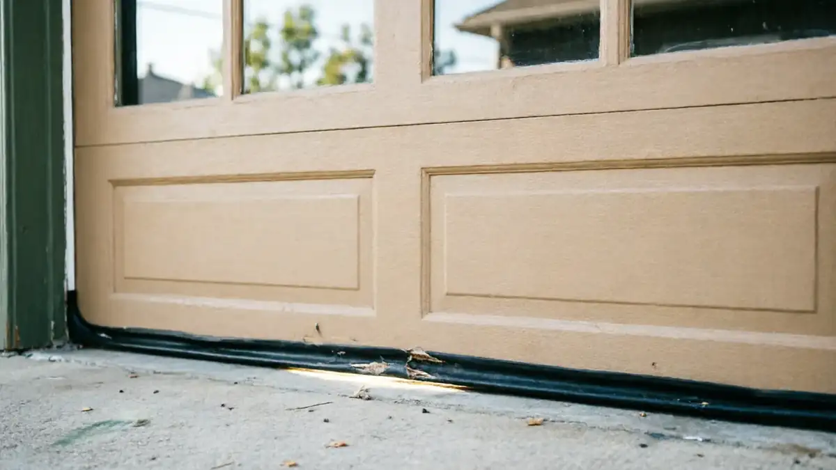 The bottom of a beige garage door has a damaged weather seal.